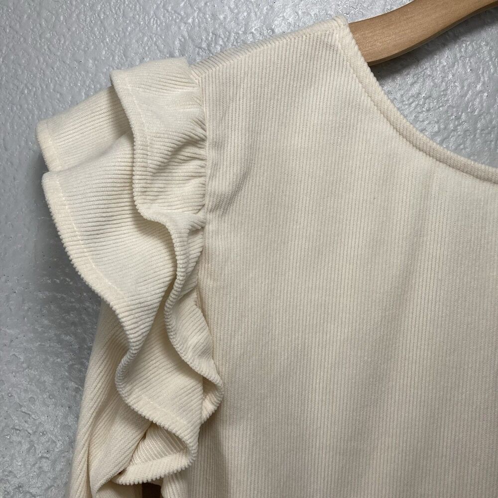 Liam & Co Ivory Cream Ruffle Top Blouse M Bell Cuff Ribbed Academia Cottage